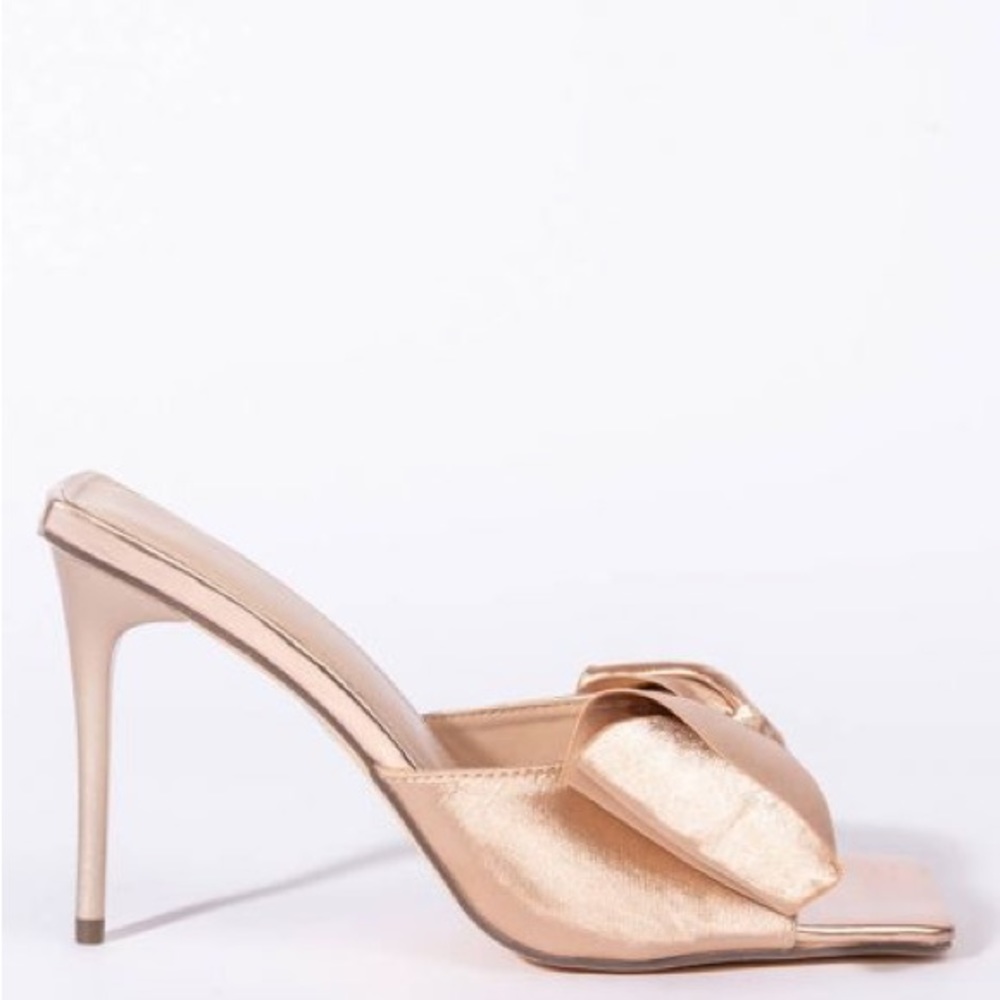 Azalea Wang Golden Beige Satin Bow Stiletto High Heel Mule Sandals - Picture 4 of 5